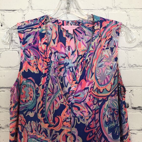 Lilly Pulitzer Sleeveless Stacey Top Size S Blue Current Drop Me A Lime - Picture 2 of 7